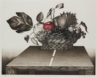 1085
Achilleas Droungas
b. 1940, Greek
"A Homage To Caravaggio (Variation)," 1977
Color lithograph on paper under glass
Edition 13/60, signed and dated in pencil in the margin lower right: A. Droungas, numbered in pencil in the margin lower left, titled in pencil in the margin lower center
Sheet: 27.75" H x 34.5" W; Plate: 21.25" H x 27" W
Estimate: $400 - $600