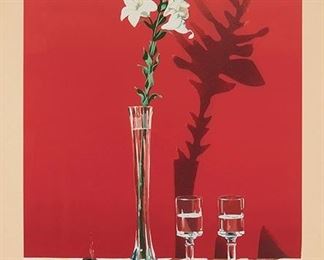 1086
Achilleas Droungas
b. 1940, Greek
"Shadow," 1979, Floral Still Life With Red Background
Color lithograph on paper under Plexiglas
Edition A.P., signed and dated in pencil in the lower right margin: A. Droungas, titled in pencil in the the lower center margin, editioned in pencil in the lower left margin
Sight: 38.75" H x 27" W; Image: 34.25" H x 23" W
Estimate: $400 - $600