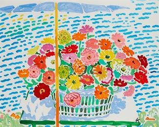 1087
John Botz
1925-2003, American
Flowers In A Basket With Umbrella
Gouache on board under glass
Signed lower right: J. Botz
Sight: 32" H x 38.5" W
Estimate: $500 - $700