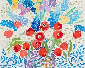 1089
John Botz
1925-2003, American
Floral Still Life With Red Tulips And Iris
Gouache on board under glass
Signed lower right: J. Botz
52" H x 40" W
Estimate: $500 - $700