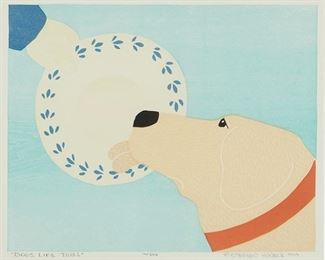 1090
Stephen Huneck
1948-2010, American
"Dogs Like Jobs," 1997
Color woodblock on paper under glass
Edition 10/500, signed and dated lower right: Stephen Huneck, and with the copyright symbol, titled lower left, numbered lower center
Sight: 17.25" H x 21.25" W
Estimate: $300 - $500