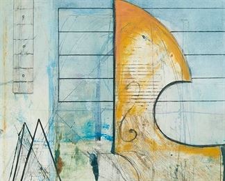 1092
Ron Pokrasso
b. 1951, American
"Nudged By Music #4," 1995-1997
Mixed media collage on paper under glass
Signed and dated in pencil lower right margin: pokrasso / 95-97, titled in pencil lower left margin
Sight: 19.25" H x 17.25" W; Image: 17.5" H x 15.75" W
Estimate: $300 - $500