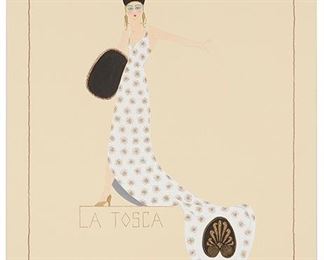 1094
Romain (Erté) De Tirtoff
1892-1990, Russian
"La Tosca," Woman In A White Gown And Black Headdress On A Platform
Gouache with metallic paint on card under glass
Stamped "Atelier - Erte - Paris" lower left, titled lower center
23.25" H x 16.5" W
Estimate: $1,000 - $1,500