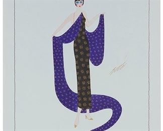 1095
Romain (Erté) De Tirtoff
1892-1990, Russian
Woman In A Black And Purple Gown Splaying Her Train
Gouache with metallic paint on card under glass
Signed right center: Erte, stamped "Atelier - Erte - Paris" lower right
23.25" H x 16.5" W
Estimate: $1,000 - $1,500