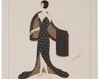 1096
Romain (Erte) De Tirtoff
1892-1990, Russian
Woman In Floral Gown With Black Fur Shawl
Gouache with metallic paint on card under glass
Signed right center: Erte, stamped "Atelier - Erte - Paris" lower right
21" H x 16" W
Estimate: $1,000 - $1,500