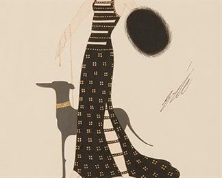 1097
Romain (Erté) De Tirtoff
1892-1990, Russian
Woman In Black And Gold Dress With Hand Muff And Dog
Gouache and metallic paint on paper under glass
Signed right center: Erte
Sight: 17.5" H x 10" W
Estimate: $800 - $1,200