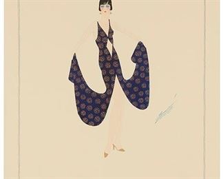 1098
Romain (Erté) De Tirtoff
1892-1990, Russian
Woman In A Navy Gown Holding Each End
Gouache with metallic paint on card under glass
Signed right center: Erte, stamped "Atelier - Erte - Paris" lower left
23.25" H x 16.5" W
Estimate: $1,000 - $1,500