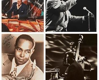 1101
Group Of Jazz Musician Photographs Four Works
Oscar Peterson (1925-2007)
Mid-20th Century
Black and white photograph on paper under glass
Unsigned
Sight: 13" H x 10" W

Oscar Peterson (1925-2007)
Late-20th Century
Color photograph on paper under glass
Signed and inscribed right center: Oscar Peterson / "To: George Bell - Sincere Regards"
Sight: 9.5" H x 7.5" W

Charlie "Bird" Parker Jr. (1920-1955)
Mid-20th Century
Black and white photograph on paper under glass
Signed and inscribed upper left: Chalie Parker Jr. / "With Love", and with the artist's bird device
Sight: 9.75" H x 7.75" W

Photo by Lee Tanner (1931-2013)
Joe Williams (1918-1999), 1968
Black and white photograph on paper under glass
Signed, dated and inscribed verso: Lee Tanner / WGBH-TV, Boston / The Jazz Image
Sheet: 13.5" H x 10.75" W; Sight: 10.5" H x 10.25" W
Estimate: $500 - $700
