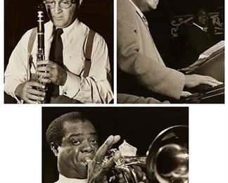1102
William Paul Gottlieb (1917-2006, American) Three Works
Louis Daniel "Satchmo" Armstrong (1901-1971)
Mid-20th Century
Black and white photograph on paper under glass
Signed lower left: William P. Gottlieb, and with the copyright symbol
Sight: 10.25" H x 13.25" W

William James "Count" Basie (1904-1984)
Mid-20th Century
Black and white photograph on paper under glass
Signed lower left: William P. Gottlieb, and with the copyright symbol
Sight: 13.25" H x 10.25" W

Benjamin David "Benny" Goodman (1909-1986)
Mid-20th Century
Black and white photograph on paper under glass
Signed lower right: William P. Gottlieb, and with the copyright symbol
Sight: 13.25" H x 10.75" W

Estimate: $600 - $800
