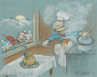 1106
E. Burns
20th Century, American
Donald Duck Cooking With Huey, Dewey, And Louie, 1959
Pastel and colored pencil on paper drymounted to cardboard under glass
Signed and dated lower right: E. Burns / 12-59
8.75" H x 11.75" W
Estimate: $1,000 - $1,500