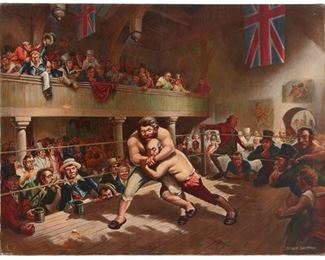 1107
Arthur Sheppard
1875-1954, British/American
"Butcher Wrestling"
Oil on canvas
Signed lower right: Arthur Sheppard, and with the copyright symbol lower left, titled on the upper tacking edge
30" H x 39" W
Estimate: $800 - $1,200