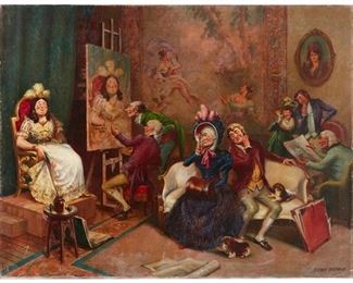 1108
Arthur Sheppard
1875-1954, British/American
"The Model"
Oil on canvas
Signed lower right: Arthur Sheppard, and with the copyright symbol lower left, titled along the upper tacking edge
30" H x 39" W
Estimate: $800 - $1,200