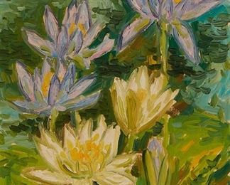 1111
Robert Crowder
1911-2010, American
Water Lillies, 1939
Oil on canvas
Inscribed lower right: V, signed with one of the artist's aliases and dated verso, Vralati
20.25" H x 16.25" W
Estimate: $500 - $700