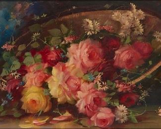 1112
Florine A. Hyer
1868-1936, Los Angeles, CA
Floral Still Life With Roses In A Basket
Oil on canvas
Signed lower right: F.A. Hyer
14" H x 24" W
Estimate: $1,000 - $2,000