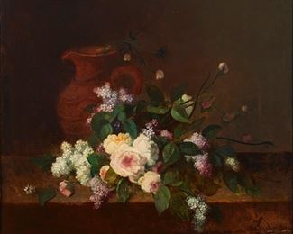 1115
Alexandre Couder
1808-1879, French
Floral Still Life With Pitcher, 1871
Oil on canvas laid to canvas
Signed and dated lower right: A. Couder
21.75" H x 25.75" W
Estimate: $500 - $1,000