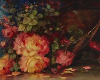 1116
Florine Hyer
1868-1936, Los Angeles, CA
Still Life With Roses And Basket
Oil on canvas
Signed lower right: F.A. Hyer
14" H x 24" W
Estimate: $1,000 - $2,000