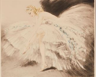 1118
Louis Icart
1888-1950, French
"Fair Dancer," 1939
Hand colored etching/aquatint on paper
Signed lower right margin: Louis Icart, with Icart's "Windmill" blindstamp lower left, and inscribed with the copyright symbol, inscribed upper right margin: "Copyright 1939 L. Icart =NY="
Sight: 19.75" H x 22.75" W; Image: 18.75" H x 22.25" W
Estimate: $500 - $700