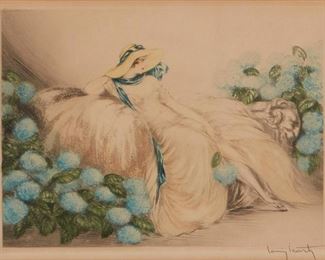 1119
Louis Icart
1888-1950, French
"Pink Lady," 1933
Hand colored etching/aquatint on paper under glass
Signed lower right: Louis Icart, with Icart's "Windmill" blindstamp lower left, and with the copyright symbol and inscribed "Copyright 1933 by L. Icart Sty. NY"
Sight: 9" H x 11.5" W; Image: 8.25" H x 11" W
Estimate: $300 - $500