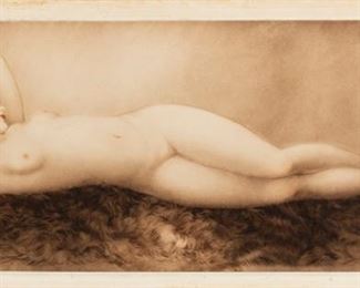 1117
Louis Icart
1888-1950, French
"Repose," 1934
Hand colored etching on paper backed with linen under Plexiglas
Signed in the plate lower right: Louis Icart, signed again in pencil in the margin lower right, inscribed in the margin upper right: "Copyright 1934 L. Icart NY," and with the copyright symbol
Sheet: 21.75" H x 48.75" W; Image: 18.5" H x 45.5" W
Estimate: $2,000 - $3,000