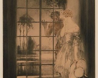 1120
Louis Icart
1888-1950, French
"Temptation," 1926
Hand colored etching/aquatint on paper under glass
Signed in the margin lower right: Louis Icart, inscribed upper left "Copyright 1926 by Les Graveurs Modernes 194 R. de Rivoli - Paris"
Sight: 20.5" H x 15.25" W; Image: 19.5" H x 14.25" W
Estimate: $600 - $800