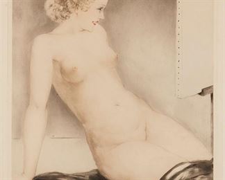 1121
Louis Icart
1888-1950, French
"My Model," 1932, Seated Female Nude With Black Shawl
Hand colored etching/aquatint on paper under Plexiglas
Signed lower right margin: Louis Icart, with Icart's "Windmill" blindstamp lower left margin, and with the copyright symbol, inscribed upper right: "Copyright 1933 by L. Icart Sty. NY"
Sight: 24.75" H x 20.25" W; Image: 21" H x 16.5" W
Estimate: $600 - $800