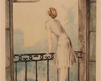 1124
Louis Icart
1888-1950, French
"Montmartre," 1928
Hand colored etching/aquatint on paper under glass
Signed in the margin lower right: Louis Icart, with Icart's "Windmill" blindstamp lower left, inscribed upper left "Copyright 1928 by L. icart - Paris," inscribed upper right "Edite par les Graveurs Modernes 194 R. de Rivoli - Paris"
Sight: 22" H x 15" W; Image: 20.25" H x 13.5" W
Estimate: $400 - $600