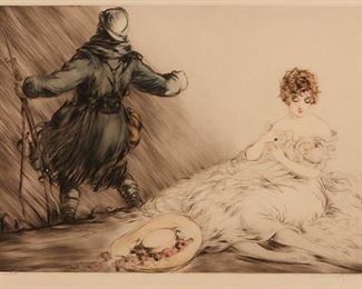 1123
Louis Icart
1888-1950, French
"Defense Of The Homeland," Circa 1917
Hand colored etching/aquatint on paper under Plexiglas
Edition 1/10, signed in the margin lower right: Louis Icart, numbered and indistinctly inscribed in the margin lower left
Sight: 17" H x 23" W; Image: 15.25" H x 21.75" W
Estimate: $600 - $800