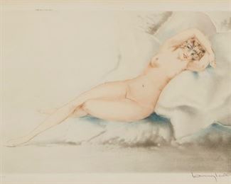 1125
Louis Icart
1888-1950, French
"Laughing," 1930
Hand colored etching/aquatint on paper under glass
Signed lower right: Louis Icart, with Icart's "Windmill" blindstamp and inscription "A-228" lower left, inscribed upper left: "Copyright 1930 by L Icart - Paris"
Sight: 13.25" H x 18.25" W; Image: 11.5" H x 16.5" W
Estimate: $500 - $700