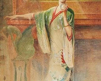 1126
Hamilton Irving Marlatt
1867-1929, New York
Portrait Of A Lady Holding A Crystal Ball, 1905
Watercolor and gouache on paper laid to card under glass
Signed and dated lower right: H.I. Marlatt
29.75" H x 17.25" W
Estimate: $500 - $700