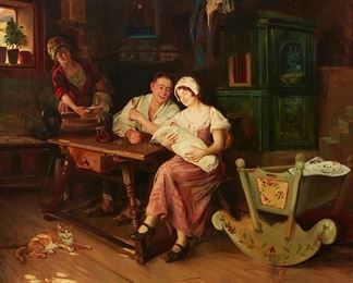 1130
Jan Skramlik
1860-1936, Czech Republic
Family With Baby In An Interior
Oil on linen
Signed lower left: J. Skramlik
39.25" H x 41.5" W
Estimate: $1,000 - $1,500