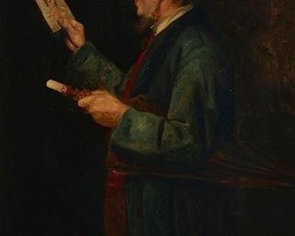 1132
Elderly Man With Umbrella Looking At A Photo
Early 20th Century American School
Oil on canvas
Indistinctly signed lower right
20" H x 14" W
Estimate: $600 - $800