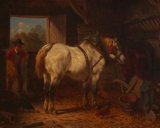 1135
Willem Jacobus Bogaard
1842-1887, Dutch
Two Horses In An Interior Of A Stable
Oil on board
Signed lower left: W. J. Boogaard
7.5" H x 10.25" W
Estimate: $200 - $300