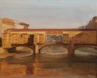 1137
Ponte Veccio Bridge Over The Arno River Florence, Italy
20th Century Italian School
Oil on masonite
Indistinctly signed lower right
12.25" H x 16" W
Estimate: $200 - $300