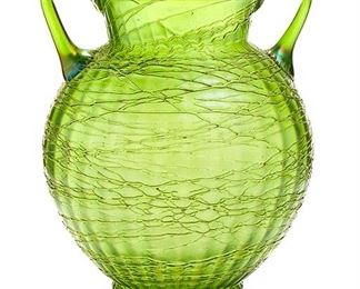 2005
A Loetz Iridescent Glass Vase
Late 19th/early 20th Century; Bohemia (Czech Republic)
The two-handled Art Nouveau green glass vase with hand-applied threading texture
12.125" H x 9.5" Dia.
Estimate: $600 - $800