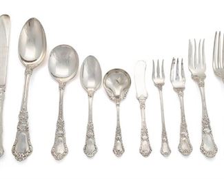 2009
A Gorham "Baronial-Old" Sterling Silver Flatware Service
Late 19th/early 20th Century
Each marked for Gorham; Further marked: Sterling
Designed 1898 by William C. Codman, comprising 12 hollow-handled blunt knives (9.5"), 11 butter spreaders (5.875"), 12 place forks (7.75"), 13 individual fish forks (7"), 6 oyster forks (5.75"), 1 pickle fork (5.75"), 4 table/serving spoons (8.75"), 33 teaspoons (5.75"), 12 soup spoons (6.75"), and 12 ice cream spoons (5"), each monogrammed, 116 pieces
Weighable sterling: 153.6 oz. troy approximately
Estimate: $2,000 - $3,000