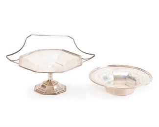 2010
Two Sterling Silver Table Items
Mid-20th Century
Both marked for sterling
Comprising a weighted footed compote with upper handle and octagonal bowl, marked for Webster, and a sterling bowl with chased floral and pierced rim, 2 pieces
Larger: 5.5" H x 8.25" W x 6" D
8.50 oz. troy approximately
Estimate: $75 - $100