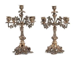 2016
A Pair Of Silverplate Candelabra
20th Century
Apparently unmarked
Each five-light candelabra with grapevine motif and ornately footed bases, 2 pieces
Each approximately: 21.25" H x 17" W x 17" D
Estimate: $1,000 - $1,500