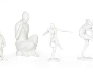 2024
Four White Porcelain Nude Figures
20th Century
With various maker's marks including Herend / Hungary, Royal Dux, and one partially obscured German mark
Comprising two dancers, a kneeling woman with pearls, and a seated nude, 4 pieces
Largest: 10.75" H x 6" W x 5.25" D
Estimate: $300 - $500