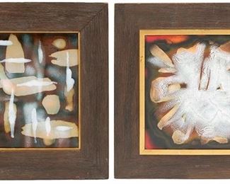 2026
Sascha Brastoff
1918-1993, American
Two Enamel Panels, One "Skyward"
Enamel in wood frame
Each with gold sticker verso: A Special Elegance by Sascha Brastoff; "Skyward" titled to a Dalzell Hatfield Gallery label verso
11.75" H x 11.625" W and 11.625" H x 11.75" W
Estimate: $800 - $1,200