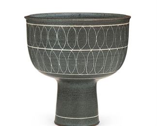 2030
Harrison McIntosh
1914-2016, American
Pedestal Bowl, Third-Quarter 20th Century
Stoneware, incised decoration, engobe
Impressed chop mark: HM
6.25" H x 6.125" Dia.
Estimate: $600 - $900