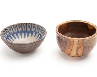 2031
Two Small Pottery Bowls
Fourth-quarter 20th Century
Both signed indistinctly to base; Smaller marked to base: Denmark
The large bowl in brown and natural tones, the lower and wider bowl with a patterned blue glazed interior, 2 pieces
Larger: 3.25" H x 5.125" Dia.; Smaller: 2.375" H x 5.625" Dia.
Estimate: $100 - $200