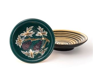 2033
Two Waylande Gregory Ceramic Pieces
20th Century
Both signed to base: Waylande Gregory; one further marked (c) New York
One low bowl with black and gold concentric circles and one with gold and black pear design on blue-green background, 2 pieces
Larger: 2.75" H x 12" Dia.; Smaller: 3.25" H x 9.5" Dia.
Estimate: $200 - $300