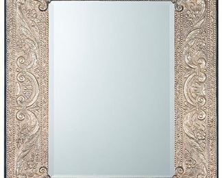 2037
A Spanish-Style Hammered Silver Wall Mirror
First-quarter 20th Century
Stamped: 900
A repousse and embossed frame with floral and foliage motifs, scrollwork, and pearl beading design enclosing a beveled mirror with a blue velvet backing
28" H x 22.25" W x .5" D
Estimate: $500 - $800