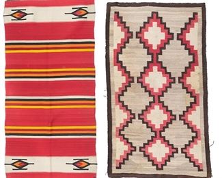 2038
Two Navajo Regional Rugs
Second-quarter 20th Century
The first rug with red background with yellow, orange, black, and cream stripes and the second with a four-cross stepped column and halves design, woven in red, cream, gray, and natural dark brown, 2 pieces
Largest: 68" L x 39.5" W
Estimate: $200 - $300