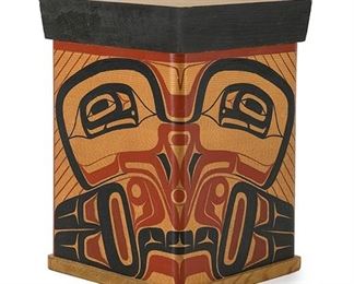 2039
Jim Heaton
20th Century, Alaskan
A Northwest Coast Bentwood Box
Painted in red and black
Depicting an eagle and two bears
8" H x 5.5" W x 5.5" D
Estimate: $200 - $300