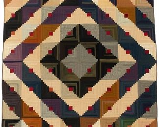 2045
Three American-Made Log Cabin Quilts
First-half 20th Century
Each hand-stitched and quilted comprising one in a red accented "sunshine and shadows" pattern with beige backing (76.5" H x 63" W), one in a "barn raising" pattern with black floral backing (72" H x 71" W), and one in a "straight furrows" pattern with blue and beige pieced backing (80" H x 68" W), 3 pieces
Estimate: $500 - $700