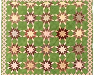 2046
Two American-Made Quilts
First-half 20th Century
Each hand-stitched comprising one quilt topper with pink box and star pattern to green field (89" H x 81" W) and one floral fabric quilt with bands of red and white squares on green stripes with lavender background and beige backing (99" H x 81" W), 2 pieces
Estimate: $300 - $500