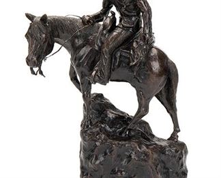 2048
George Walbye
b. 1941, American
"Today's Journey," 1972
Patinated bronze on wood base
Signed and numbered: G. H. Walbye / 12/30
14.375" H x 8" W x 5.25" D; Overall: 15.125" H x 9" W x 5.5" D
Estimate: $300 - $500