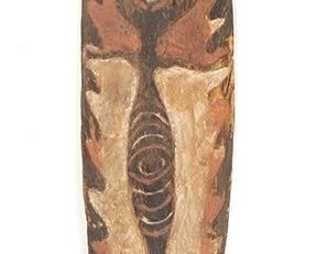 2053
A "Gope" Papuan Gulf Ancestor Spirit Board
First-quarter 20th Century; Papuan Gulf, Papua New Guinea
The ovoid carved wood spirit board with figural motif and polychromed with natural pigments and charcoal
41.75" H x 10" W x 2.75" D
Estimate: $500 - $700