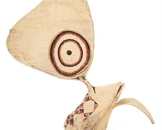 2054
A Baining "Kavat" Night Initiation Mask
First-half 20th Century; East New Britain Province, Papua New Guinea
The polychromed stretched bark mask over a cane frame
32" H x 10" W x 43" D
Estimate: $700 - $900